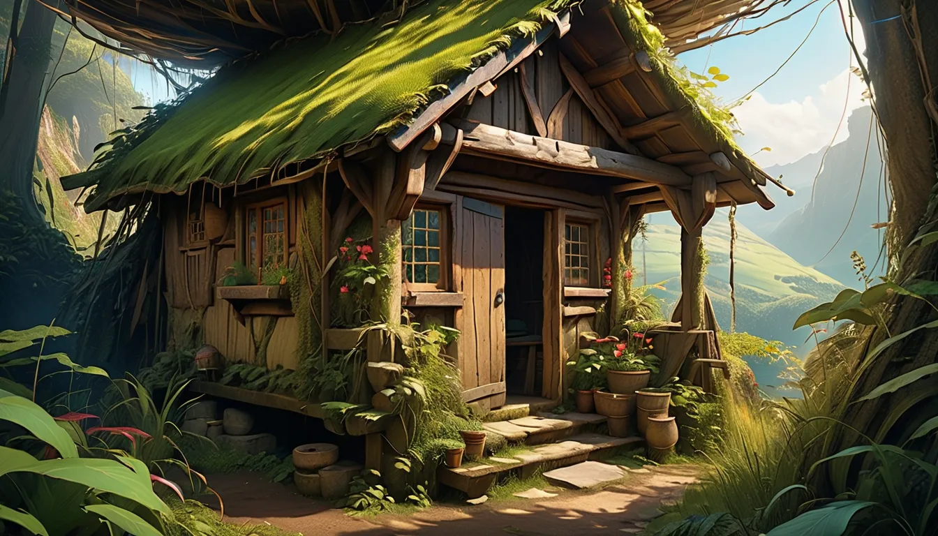 ((detailed CG unity 8k wallpaper, best quality,4k,8k,highres,masterpiece:1.2)),ultra-detailed, overgrown rustic hut, bright color, From Brian Froud and Carne Griffiths and Wadim Kashin and John William Waterhouse, looking at viewer, 8K post-production, hig...