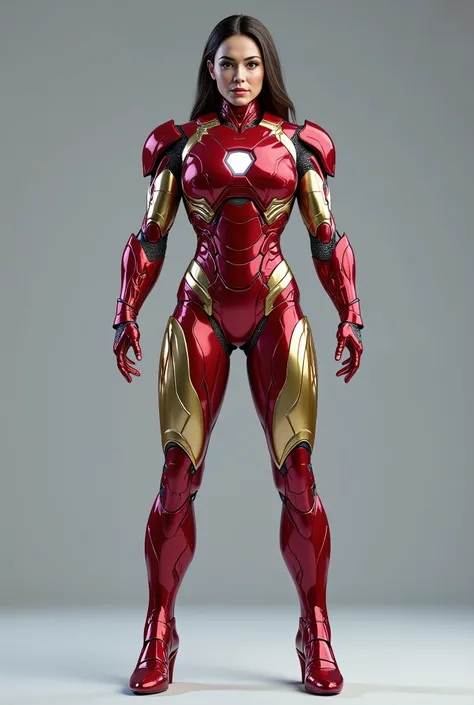 girl dressed as Iron Man from Marvel , big breasts , frontal , full-length , looking at the camera , facing the audience , standing pose , simple background , three-dimensional light , detailed full-body concept , sleek digital concept art , beautiful full...