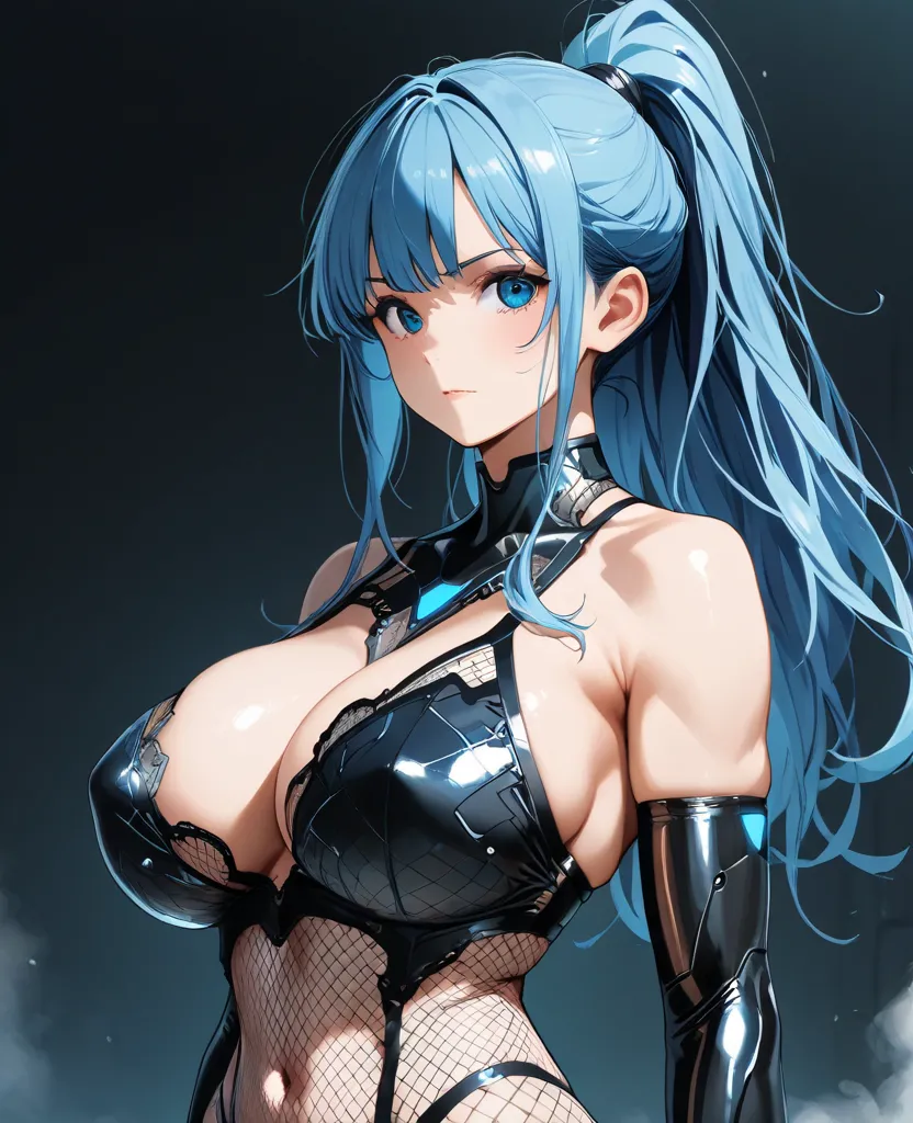 a girl,  athletic body, big breasts, black carbon fiber lingerie, Nanotechnology, luvas até o cotovelo Nanotechnology, botas até as coxas Nanotechnology, fishnet suit, Long hair, ponytail, blue hair clothing, blue eyes 