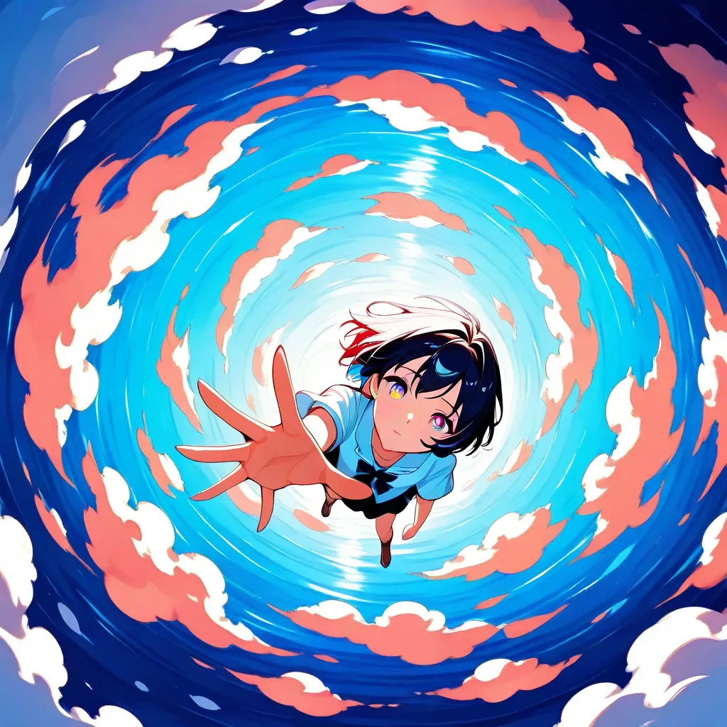 Top view：1.5, Beautiful anime girl - delicate face， colorful eyes ，(hand:1.37)， alone，reaching for help，脚下的Fish School，water， Top view, Fish School，Many clouds，Fish School tornado，Blue and Red，High Saturation