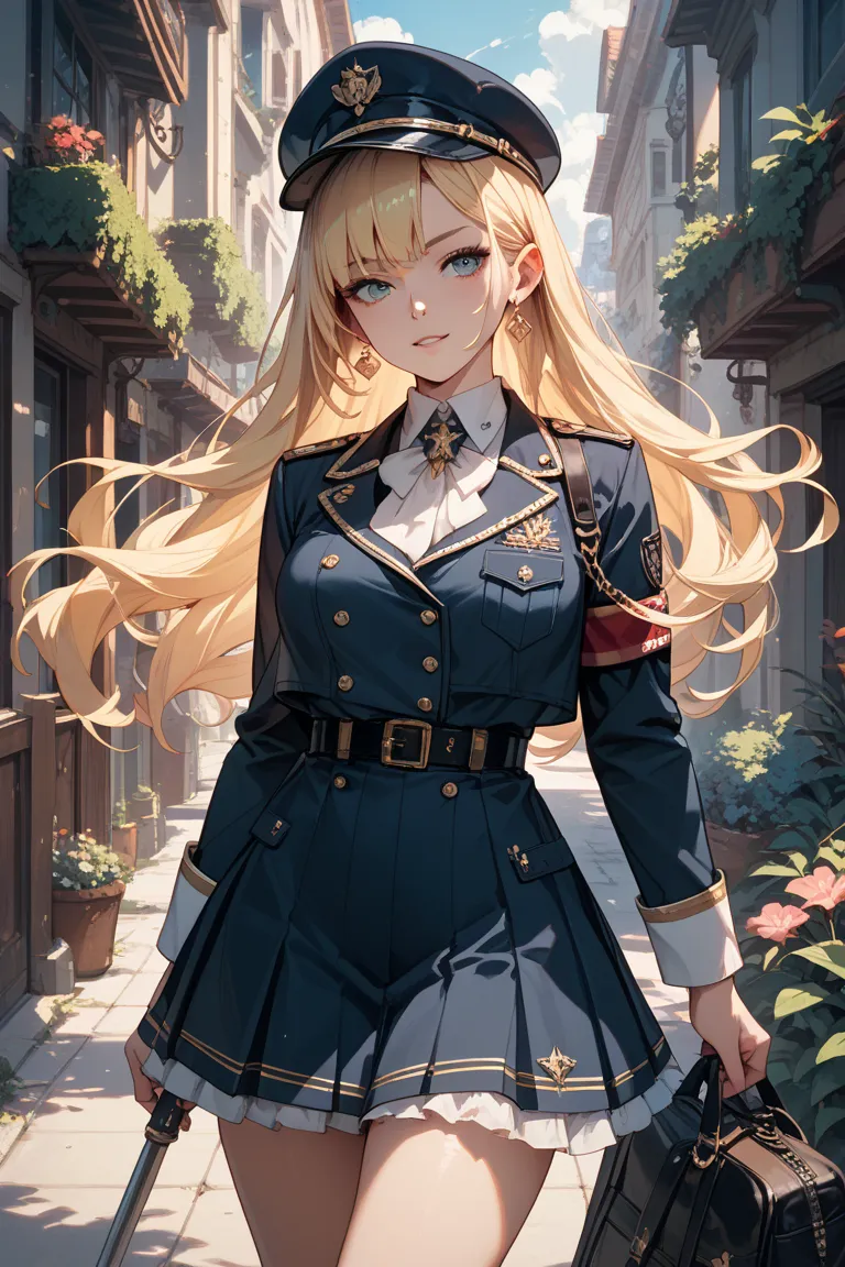 girl long blonde black hair uniform    