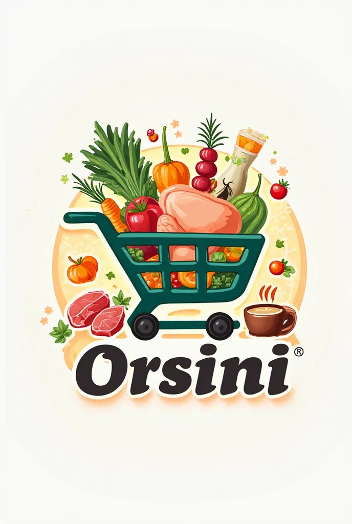 Create for me a logo that carries a grocery cart ,vegetables ,chicken ,meat ,cafe ,Juice and say the word orsini