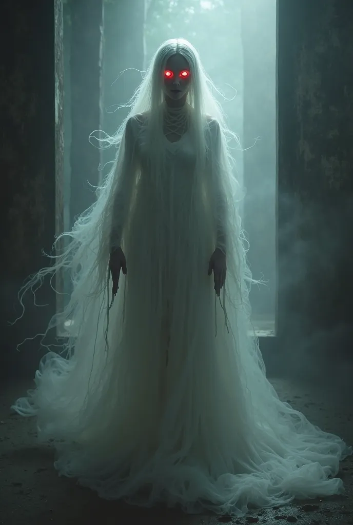 The image depicts a ghostly female figure in a long white gown, her face pale with glowing red eyes, creating a chilling and eerie atmosphere.