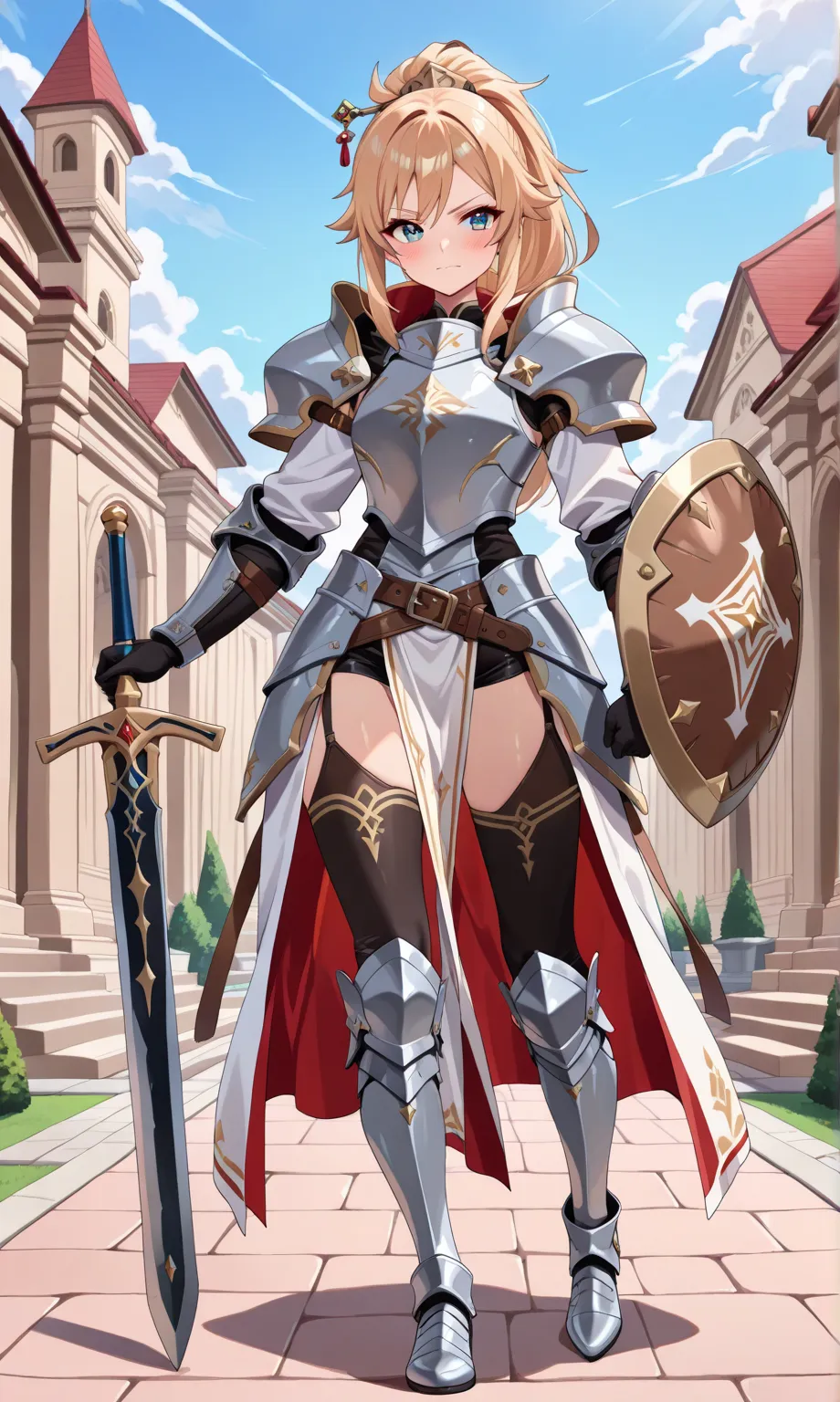 (((masterpiece, best quality, high detailed, 16k))) (1girl) A determined and brave young woman dressed in lighter armor, bearing the marks of a warrior in training. Her armor is simple yet functional, with small emblems symbolizing loyalty and courage. She...