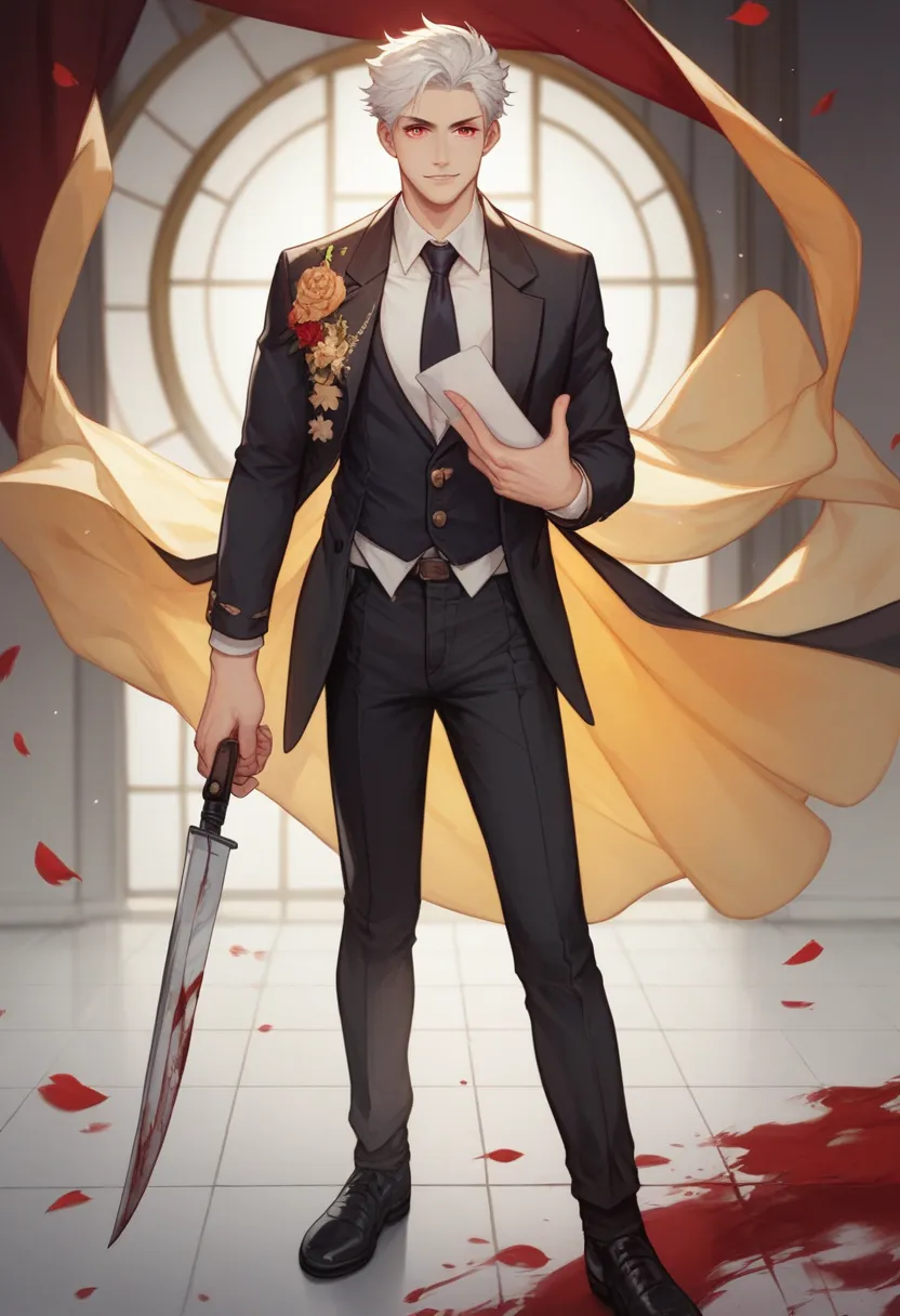 Make me a picture of a silver-haired, white-haired anime man who is old enough to wear a black and yellow suit and pants and shoes with the theme ,then he is holding two sawed shotguns in his right hand while in his left hand he is holding a Butcher knife ...