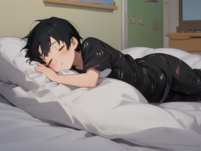  Add、boy、 elementary school student、 black hair、 Black Plain Pajamas 、plain body pillow、 is sleeping、Late Night、 unlit room 、anatomically correct、Healing、 adorable by design、 face up