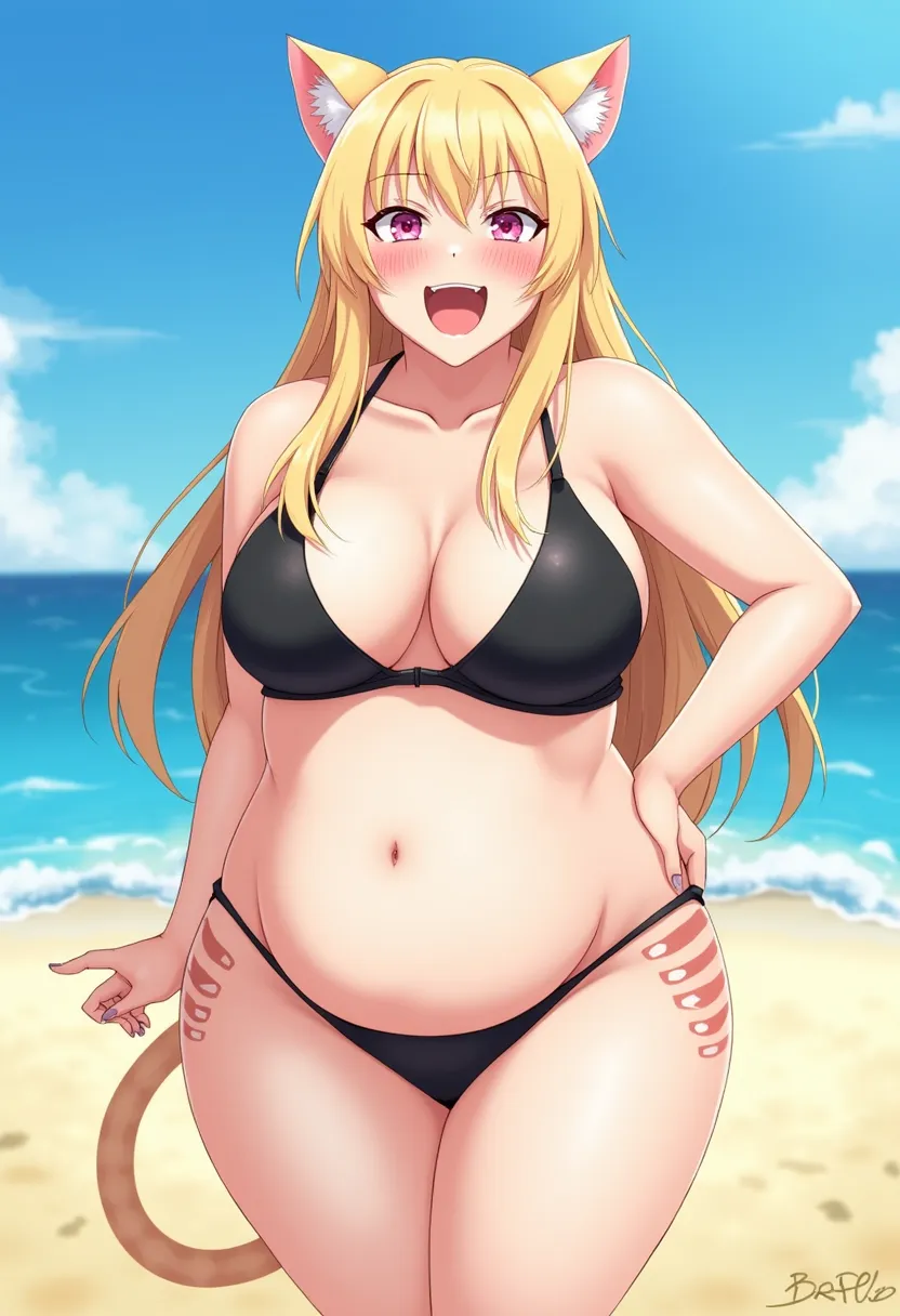 sexy, Nekokomi, high,  busty , big buttocks, ropa  perverted,  blushed, Bella, piel blanca,  pervert,  Cat girl, anime style, beach background dress, sunny, very short shorts, perverted little shoulderless top, from the front, full body foot skirt , withou...