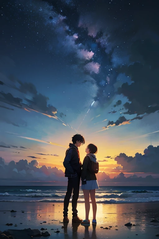  High Quality Masterpiece ,  Scenery, cloud, 動painting列車經過遠處鐵軌旁的水域,  Bright Starry Sky . tourists,  romantic lighting , Pixiv, concept art,  Lofi Art Style , Reflection. Makoto Shinkai, painting . Makoto Shinkai , Universe sky . Makoto Shinkai藝術風格 , 動paint...