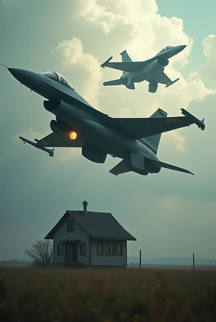 F-16 planes are hovering around a house 