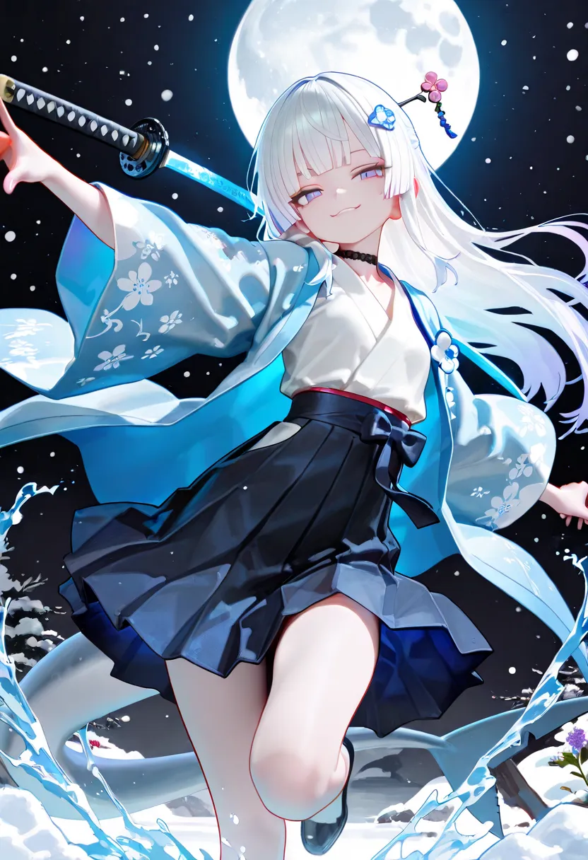 1girl, odd eye, lavender eyes, black eyes, jitome(0.5), white Hair, grey Gradient Hair, white glowing hair, blunt straight bangs, hime cut, grey shark tail, small Breast, sky blue haori, office suit, long skirt, pleated skirt, flower pettern clothes, Flora...