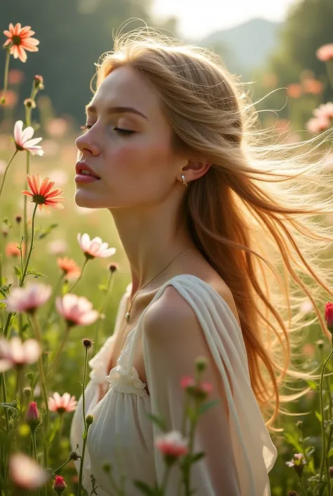 A bbeautiful european girl blowing to Shameplant flower and it pieces flotting on air realistic photograph