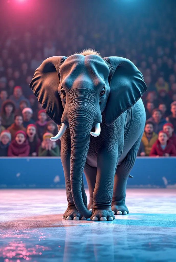 **Prompt révisé pour accentuer la présence de la foule :**

"Un éléphant d'Asie, avec une peau texturée et des détails hyper-réalistes, se tient debout au milieu d'une patinoire glacée. La glace, lisse et brillante, reflète les lumières vives des néons col...