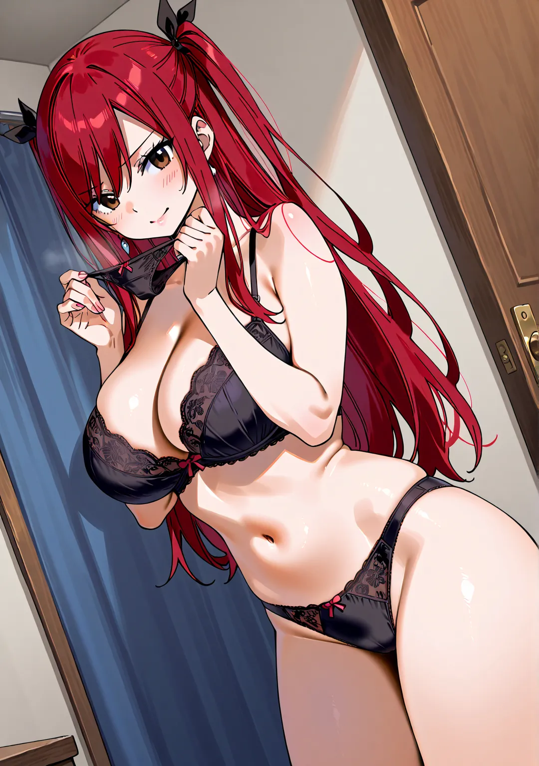 erza scarlet、Elsa、Fairy Tail、Mashima Hiro style picture 、Mashima Hiro's design、beautiful girl、 troubled face、、 Girls Room、Panties in hand 、holds panties with both hands、 steam coming out of panties 、Please bring me a chest of drawers、 show off your seducti...