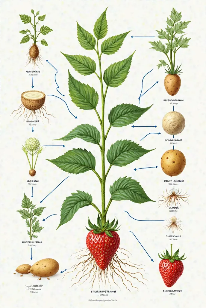 make A colorful scientific illustration showing various methods of plant vegetative reproduction, including natural methods like runners, tubers, bulbs, and artificial methods like grafting, cuttings, layering, and tissue culture.  Show examples of strawbe...