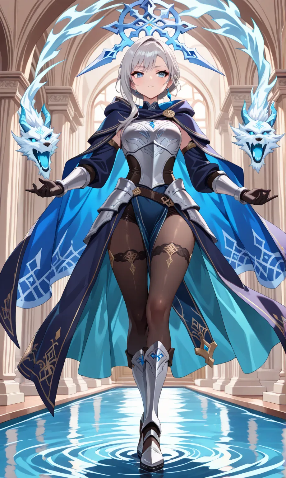 (((Masterpiece, best quality, high detailed, 16k))) (1girl) A woman of medium build with short silver hair and deep blue eyes like the ocean. She wears silver-detailed armor with a dark blue cloak. Orana controls air and water, conjuring storms and mists t...