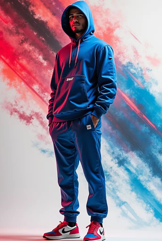 Design a navvy blue sports tracksuit (top and bottom) red, black, blue hazy lines on the chest, add the name "SNAT" on the left pocket of the top and left trouser