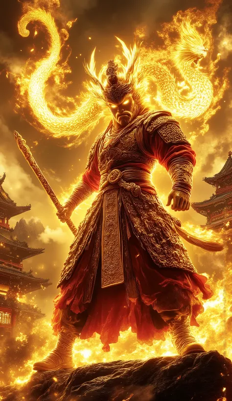 High-resolution digital image. Sun Wukong, the legendary monkey king from the classic Chinese novel Journey to the West, appears in a graceful and heroic pose, a magical monkey born from a piece of rock, with golden fur, fierce eyes and a determined expres...
