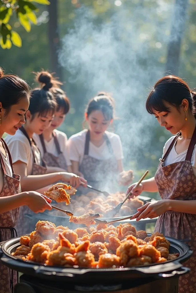 Face view camera Five beautiful Asian women are cooking fried chicken outside the house some are holding a spatula there are those who are holding a duck chicken there are holding firewood their faces on black crackling firewood smoke uhd crystal clear pic...