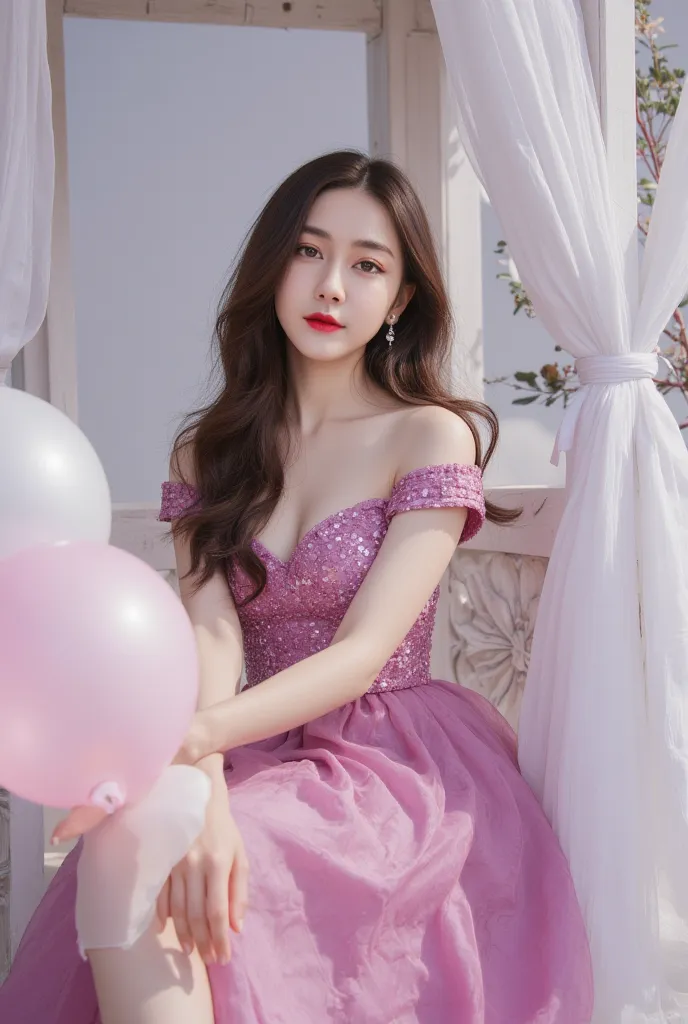  Close-up photoshoot, A beautiful korean woman wearing an elegant magenta white dress is sitting in a gazebo full of long white fabric and balloons that stretch from above to touch the floor. la smiley . UHD