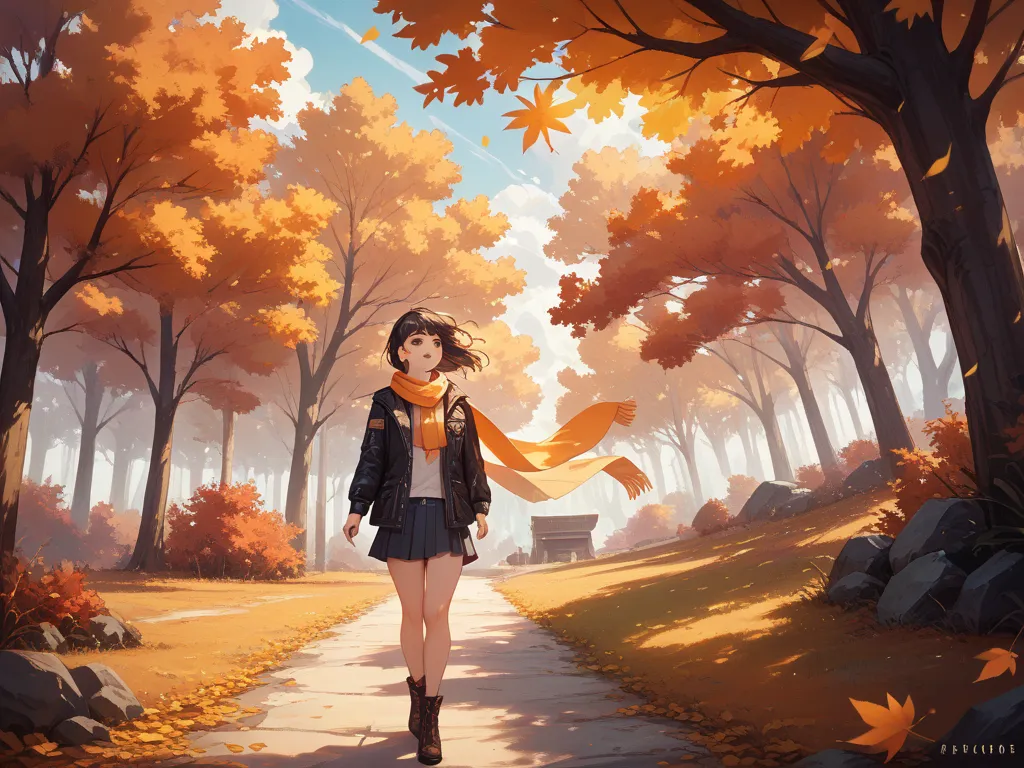 A young woman with shoulder-length black hair looking up. She is wearing a dark jacket and a pastel-colored scarf. The scenery is set in autumn, with vibrant red, orange, and yellow leaves on the trees. The ground is covered with fallen leaves, and a gentl...