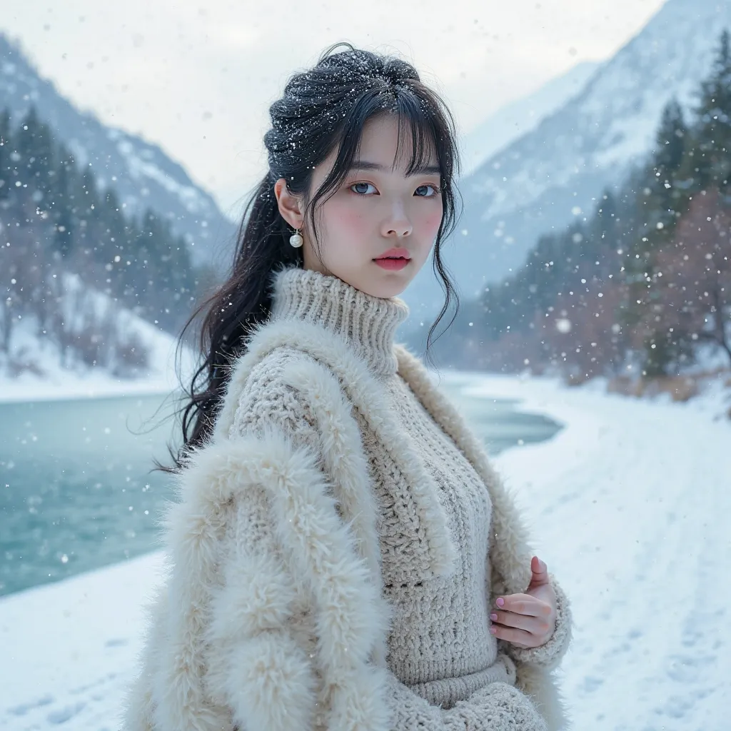 Standing amidst a breathtaking snow-covered mountain landscape, a 21-year-old Korean beauty exudes an aura of elegance and allure. Her mesmerizing blue-white eyes shimmer like frozen sapphires, framed by long, delicately curled lashes. Her face is a master...