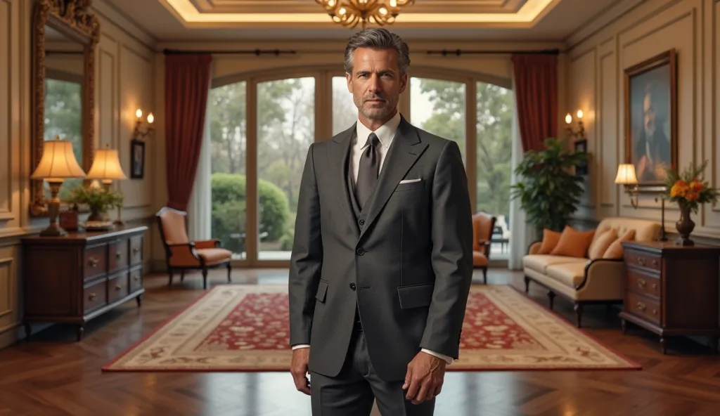 generate a man dressed in suit stands in the luxury house