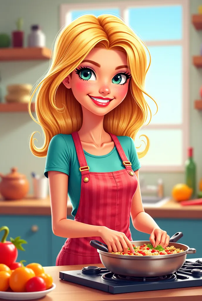 Create a sticker of a happy medium-haired woman with few bratz-style blonde locks cooking