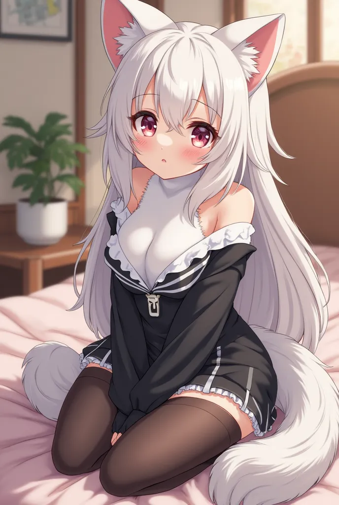 anime girl in black and white outfit sitting on a bed, pov furry art, fur covering her chest, thicc, (sfw) safe for work, fluffy chest, thick furry neck and chest fluff, white fox anime, fur attire, very very beautiful furry art, furry chest, furr covering...