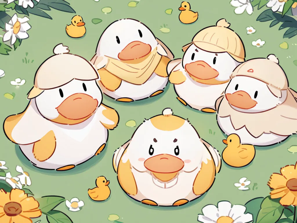 고화질, high quality illustrations, fairy tale illustration, cute character illustrations, white fur and orange beak and paws, Cute baby ducks with puffed cheeks, Baby duck wearing a yellow kindergarten hat, Another baby duck wearing sunglasses, Another baby ...