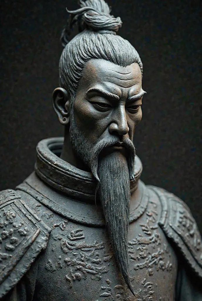 A man with sharp oriental inspired features It is one of the statues of the Chinese terracotta army. Its skin is dark gray or bronze stone as if it is an ancient carved statue. His eyes are narrow and reflect wisdom and strength. His eyebrows are thick and...