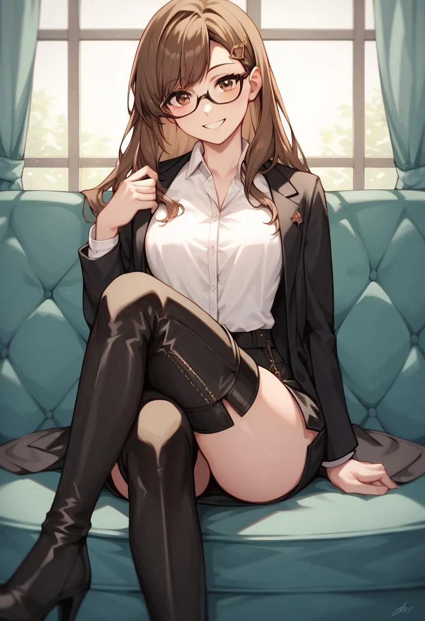 score_9, score_8_up, score_7_up, score_6_up, score_5_up, score_4_up, source_anime, 1girl,lora:amber1-000008:1>, amber5star, upper body, smile, brown hair, hairpins, long hair, brown eyes, glasses, black jacket, white shirt, thigh high boots, crossed legs, ...