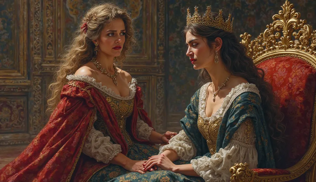 Two queens looking concerned, with a  in a royal setting