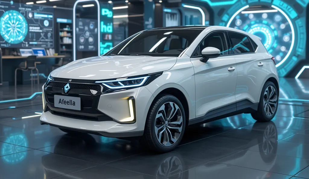 A 2026 Afeela 1 electric car in glossy white with a futuristic and minimalist design. The front view highlights sharp LED headlights, a sleek black grille with the ‘Afeela’ logo, and a smooth, aerodynamic body. The side view showcases the car’s streamlined...