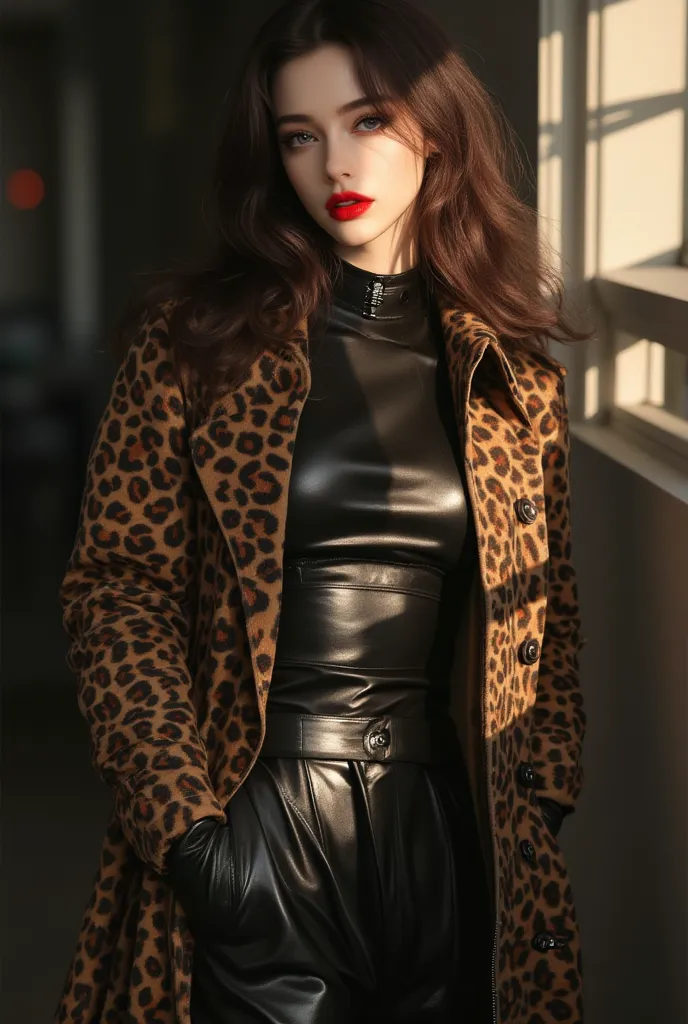 Leather trenchcoat with leopard print, Black leather shirt, black leather wide pants, leather long gloves leather collar, she is wearing shiny red lip gloss, black eyeliner, extreme black makeup, in a dimly lit room with sunshine coming in through the wind...