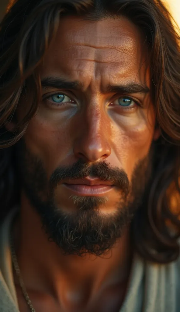 The gaze of Jesus is direct and enveloping,  with a serene expression, but full of sadness. Your blue eyes,  slightly teary , transmit silent suffering, while His face reflects an almost superhuman peace.

 lighting:
The soft, golden light envelops His fac...