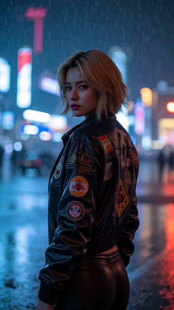 Alone,  high resolution,  accurate, masterpiece,  anatomically accurate ,  top quality ,   Super Fine,  textured skin , woman、4K、 Big Breasts、 perfect style、(( cyberpunk)),   slender body on an excited beach 、((flight jacket with lots of patches and black ...