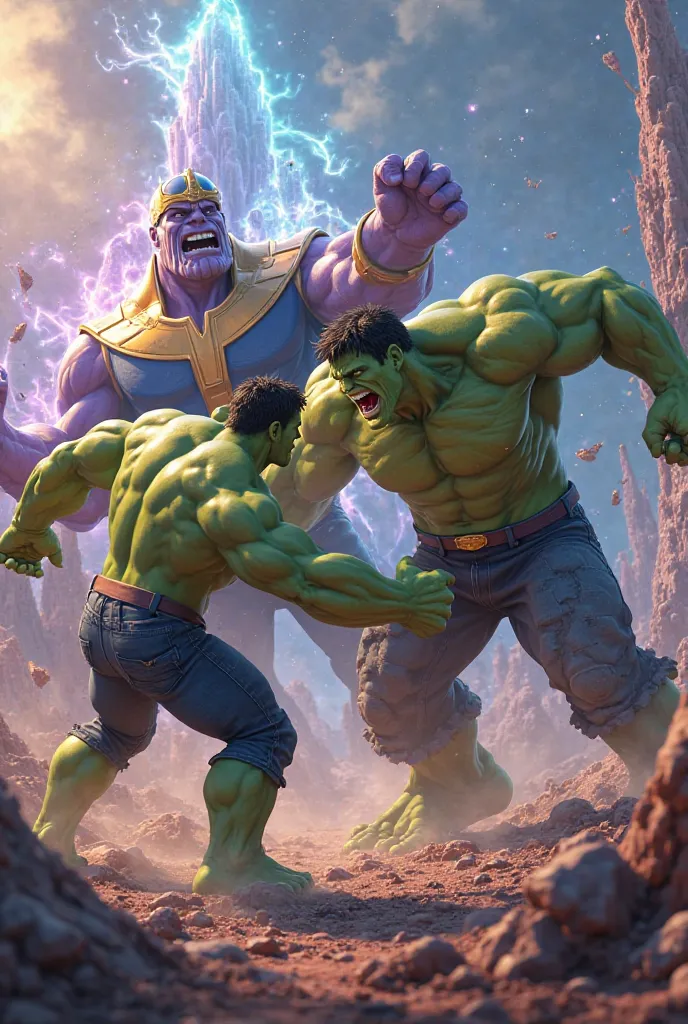 A 3D Pixar-style animation image of Thanos punching the Hulk in the belly on an exotic planet (the image must be closed, you only have to pay for the characters) 