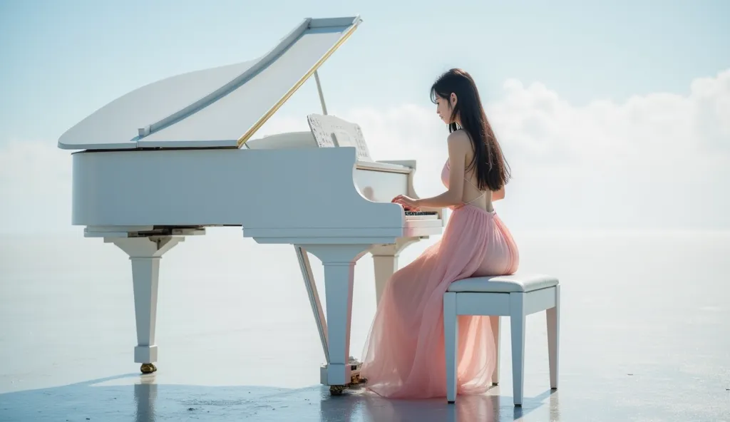 50mm lens，High Angle，Ultra HD，High image quality。A 20-year-old Japanese beauty concentrates on playing the piano,。 slender calves , Clear cleavage long hair ，Five slender full fingers,Wearing a transparent nude pink silk strappy dress，The skirt is light an...