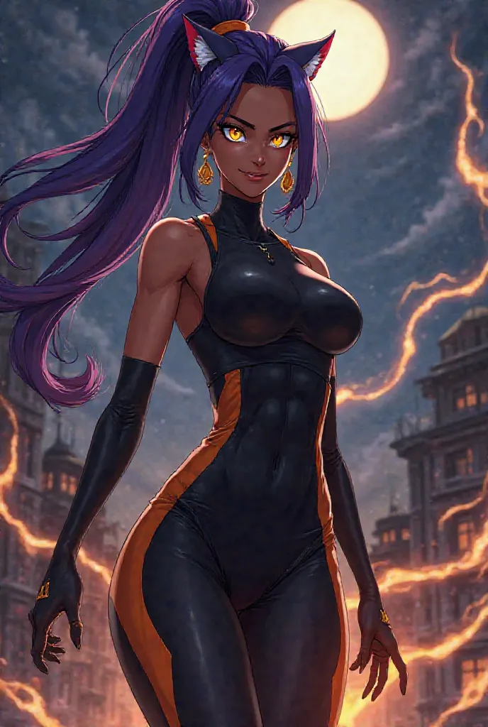 A tall, athletic woman with dark skin, golden cat-like eyes, and long flowing purple hair tied in a high ponytail. She wears a sleek black and orange ninja-style outfit, accentuating her speed and agility. Her expression is confident and playful, with a sm...