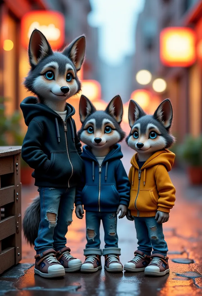 A hyper-realistic, photorealistic rendering of three tiny, wolf-like figures, each standing no more than 1 to 2 inches tall. These noble creatures blend the untamed essence of wild wolves with the quiet confidence of seasoned travelers. Their thick, finely...