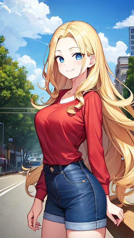 1girl, blonde hair, long hair, red shirt, collard shirt, big forehead, curly hair, Denim Shorts Jean Shorts, looking at vewers, blue eyes, city, smiling, standing, , medium breast, day, pale skin, socks, long sleeve, Anime Style, Anime, Digital Art, Best Q...