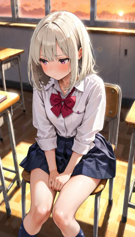 top quality , details, 18 years oldの美しいgirl1人 ,,( platinum blonde medium hair ),、 gal、 1人のgirl, sit at the desk, Suggested gender, , girl, 18 years old, , beautiful face, White Dress Shirt, button, in a school classroom, Dusk, darkroom, masterpiece, top q...