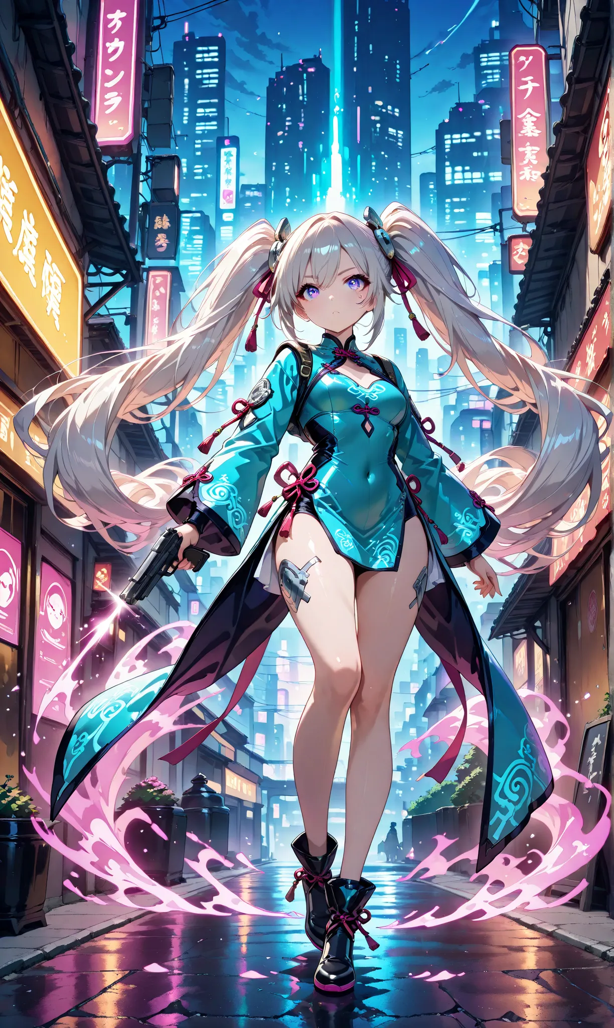 Masterpiece, best quality, very aesthetic, Evasion Bullet, ((slow motion:1.3)), ((big、bullets envelop her. :1.3)), Girl with Jet Black Twin Tails tied with ribbons, is wearing a teal-colored China dress with silver embellishments, Holding a pistol and hold...