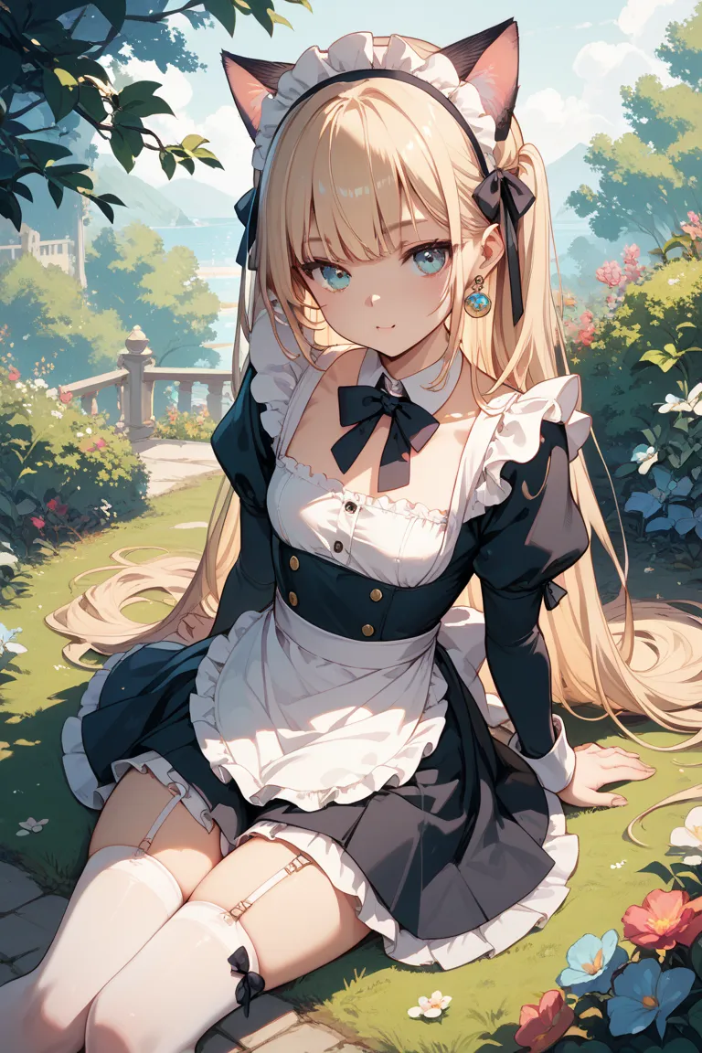 Maid clothes, short skirt, cat ears, small breasted girl sitting on the ground