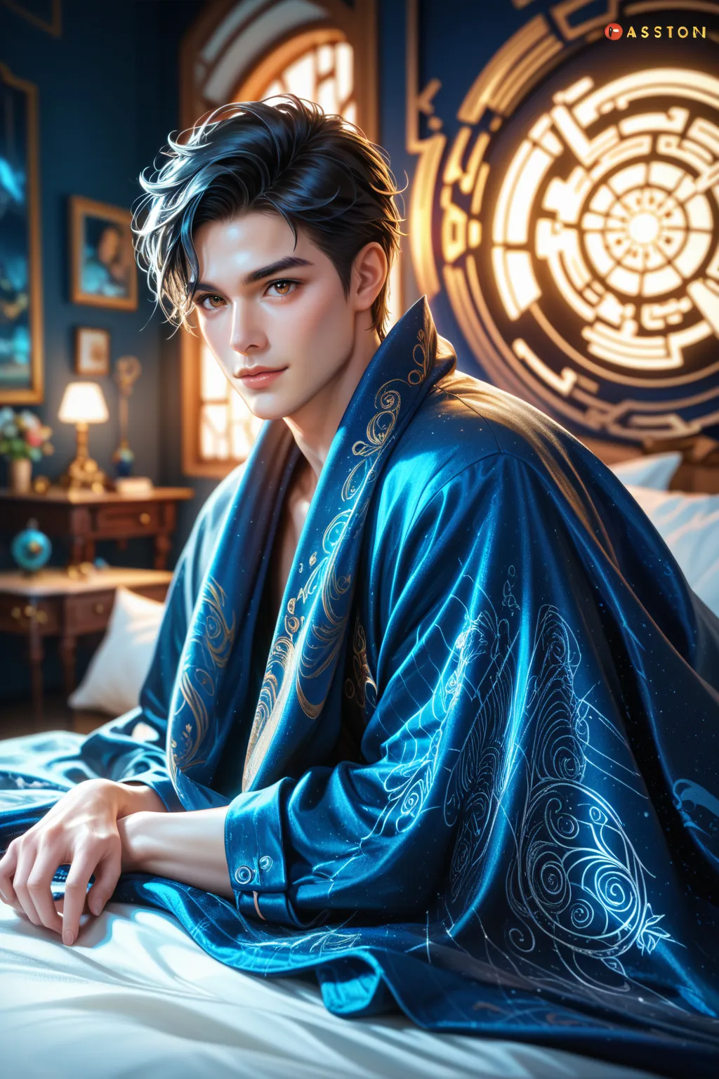 score_9, score_8_up, score_7_up (best quality, high resolution), ((((Korean man, face with brown eyes , black hair, in a blue blanket on the bed))) artstation hd,  detailed picture , concept art, artstation hd, CGSociety, aestheticism, aesthetic. (best qua...