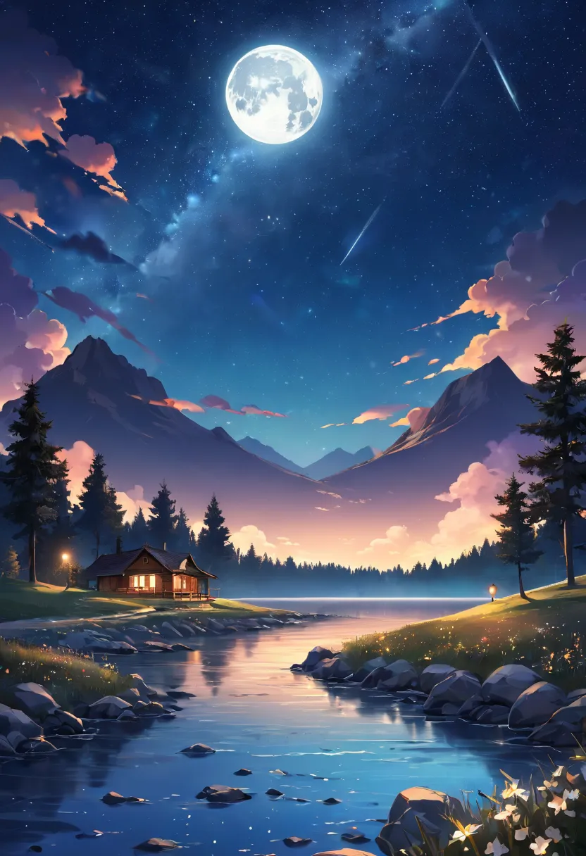 Beautiful starry sky landscape with full moon