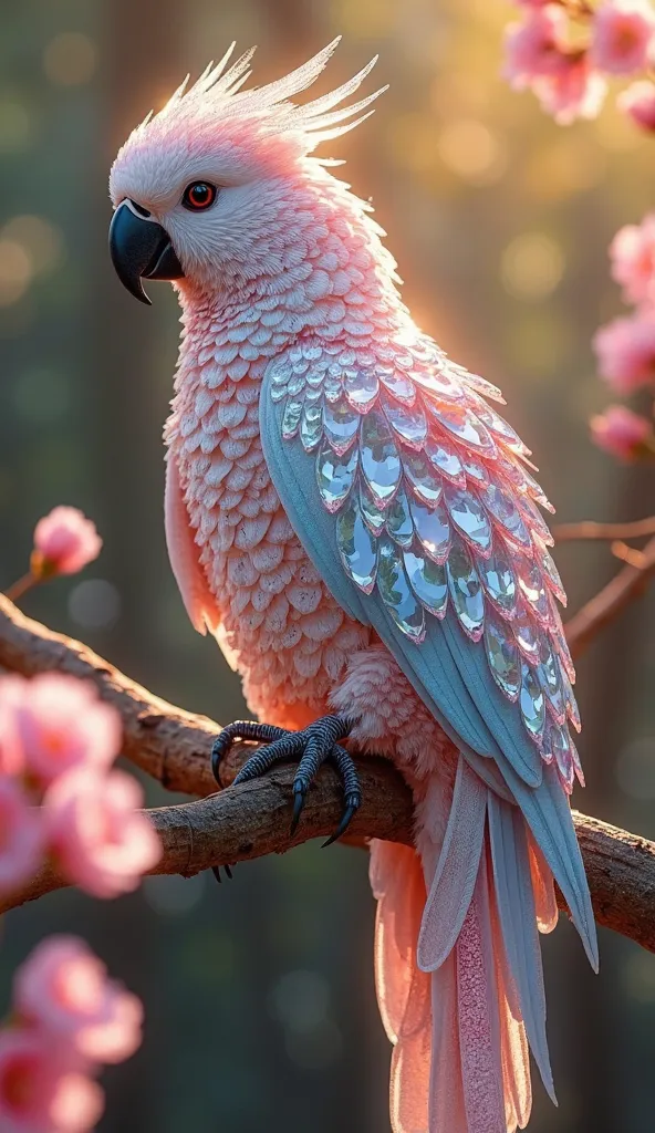 **"A breathtakingly beautiful bird perches gracefully on a natural, textured wooden branch, surrounded by delicate pink blossoms. Its feathers are not made of ordinary plumage but of dazzling, multi-faceted diamond-like crystals that shimmer with an ethere...