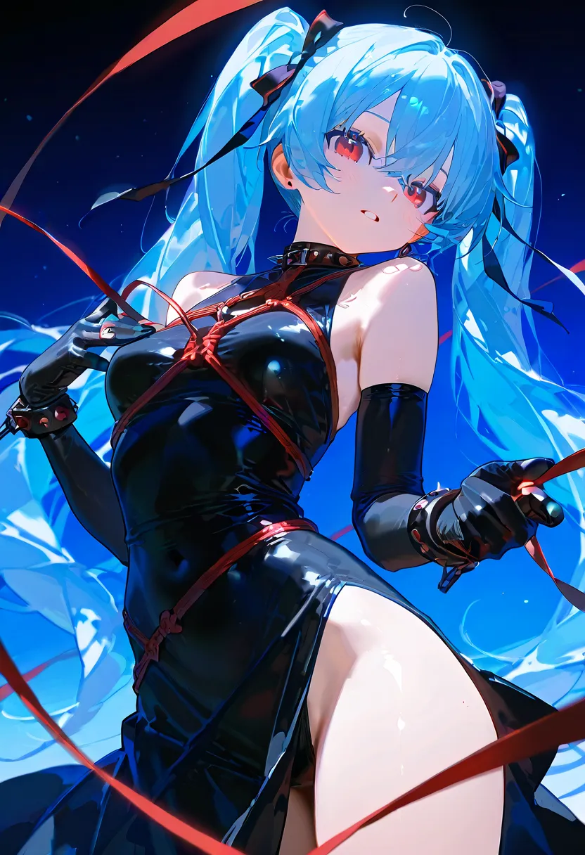 depicts rimuru on her way from slime form to Hatsune Miku's figure:1.8。上半身teeth初音ミクの姿（long blue hair、red eyes、black and red gothic lolli-style dress、胸元のribbon、 gloves）in、下半身teethまだスライム:1.At 8。スライム部分teethblue translucentin、光の反射in柔らかin滑らかな質感を演出。リムルの表情teeth戸惑...