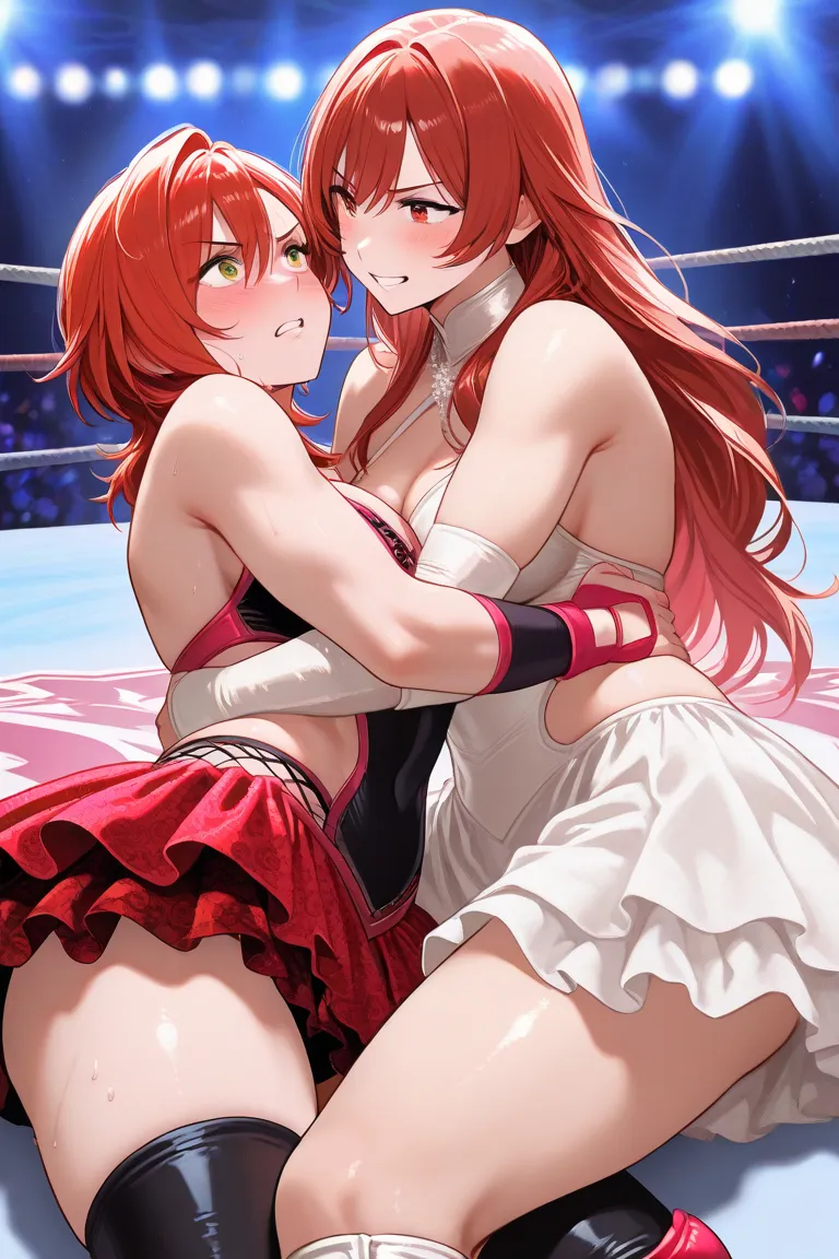 Women's wrestling, two female wrestlers, one in a sexy rainbow costume and the other in a white costume with a crimson rose pattern, the two are engaged in a lesbian battle,