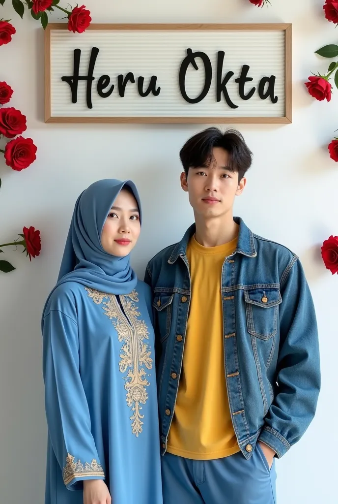 Korean couple wearing abaya bordir blue 
and yelow t shirt, jeans jackets, are sitting while posing, Behind it is a board bearing the name " Heru Okta". White background has red rose flowers Photography Image quality is clear and clean